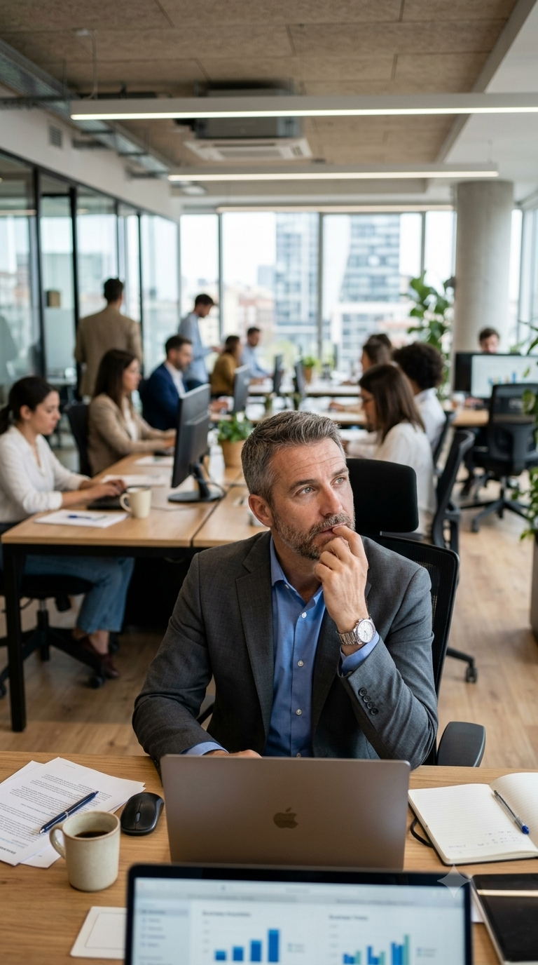 Professional reflecting in an AI-enabled workplace